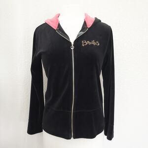 Y2K Black Velour Hooded Zip Up w/Gold Rhinestones